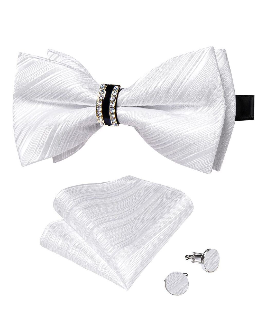 2261 White Bow Ties Tuxedo Pre-tied Bow Tie and Pocket Square Cufflink Set